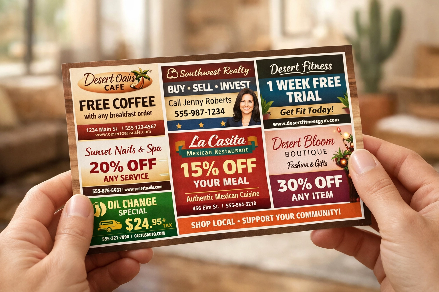 Shared mail postcard featuring multiple local business offers
